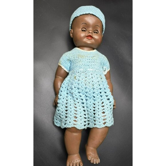 Vintage Chiltern Black Baby Doll Hand-Crocheted Dress & Hat Set JJ4024